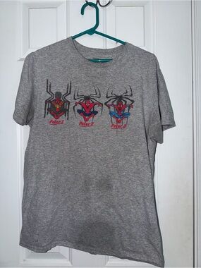 Spiderman Gray Short Sleeve Graphic Tee with Red & Blue Icons
